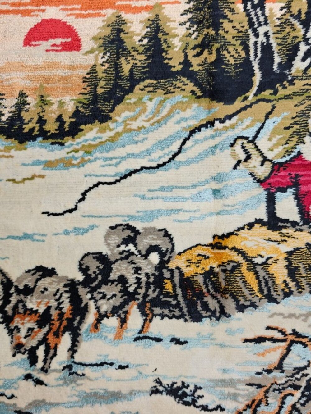 Vintage 70s Tapestry Belgium Santa Dog Sled Velvet Carpet Wall Decor Lodgecore - Picture 3 of 9